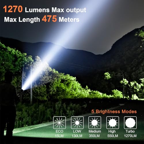 Tactical 1270High Lumens Flashlight with 6 Modes, Rechargeable Led Flashlight with Type-C Cable, IPX8 Waterproof EDC Flashlight for Camping Emergency Everyday Use|B0DBKVXD4Z